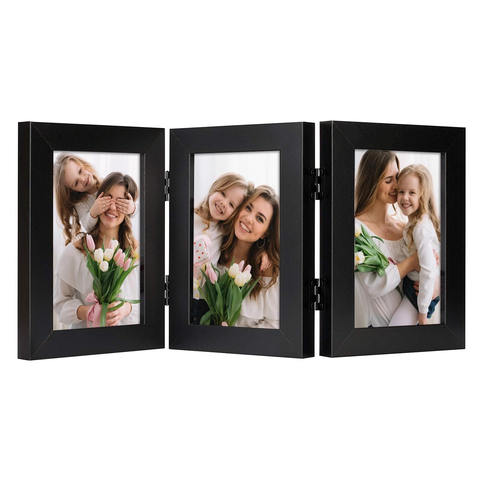 4x6 Trifold Picture Frame Hinged Photo Frames Three Folding Frame Desktop Glass Frame Vertical (Black, 4x6 Triple)