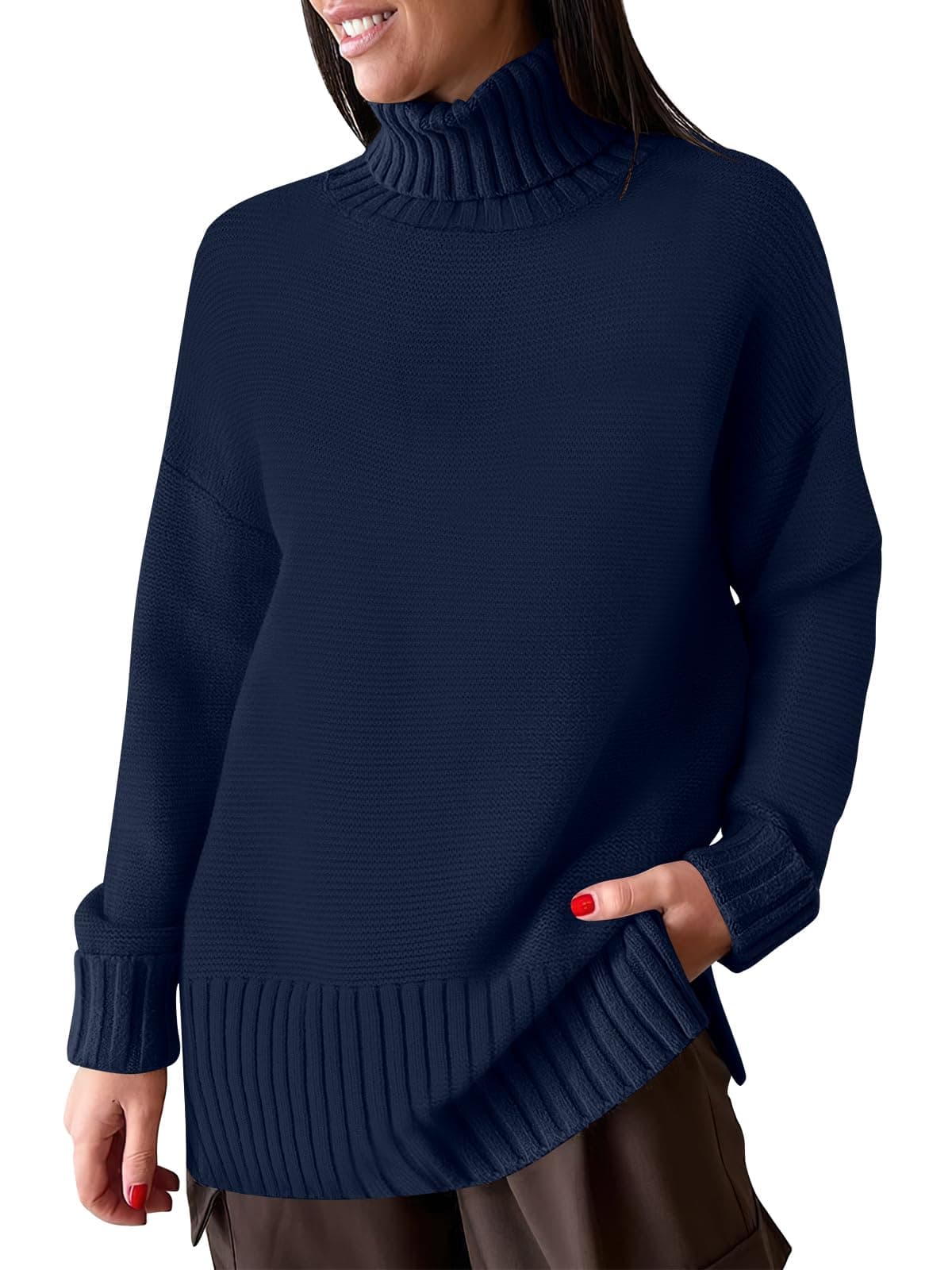 ANRABESS Womens Turtleneck Sweaters Oversized Long Sleeve Split Hem Chunky Knit Casual Pullover Sweater Tops Jumper