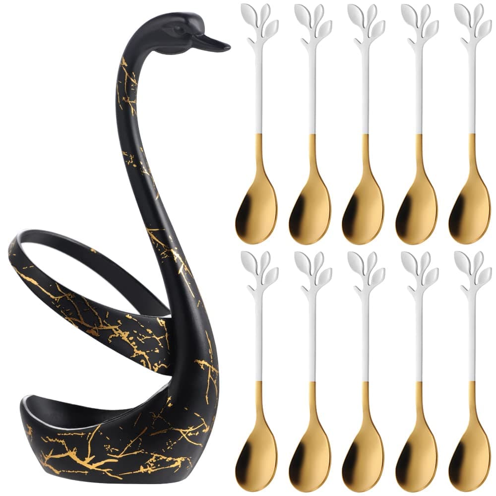 AnSaw Small Coffee Spoon Holder Set,Black Swan Base With 10 Pcs White & Gold Demitasse Espresso Spoons Set,4.7" Mini Leaf Dessert Spoon,Stainless Steel Tea Spoons