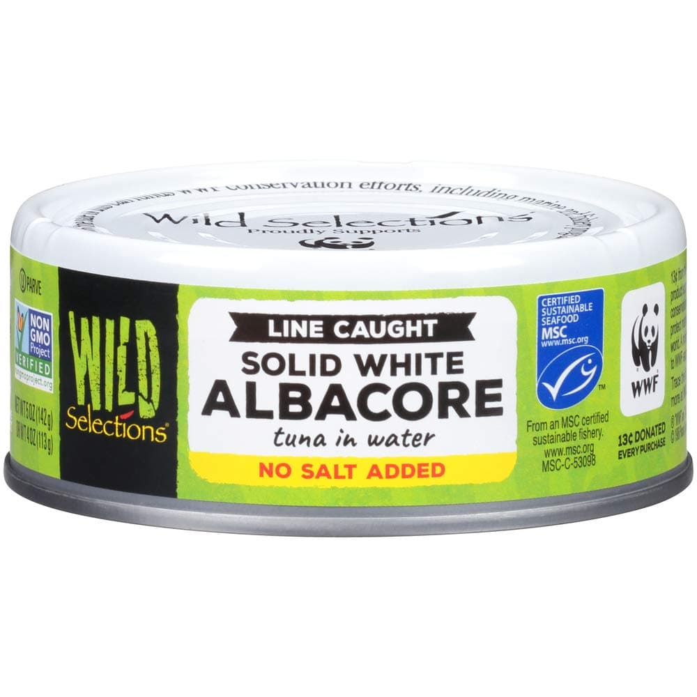 Wild Selections Solid White Albacore Tuna in Water, No Salt Added, 5 oz Cans (Pack of 12) - Sustainable Wild Caught Tuna - 29g Protein per Serving - Non-GMO Project Verified, Gluten Free, Kosher, Keto