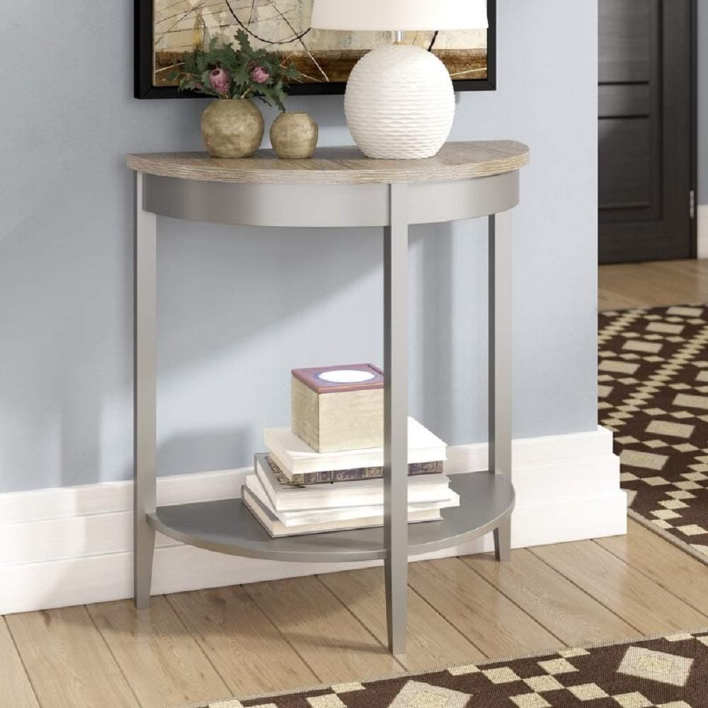 Half Circle Console Table, Small Semi-Round Entryway Table with 2 Spacious Shelves, Half Moon Table for Hallway with Classic and Minimalist Design, Gray Oak