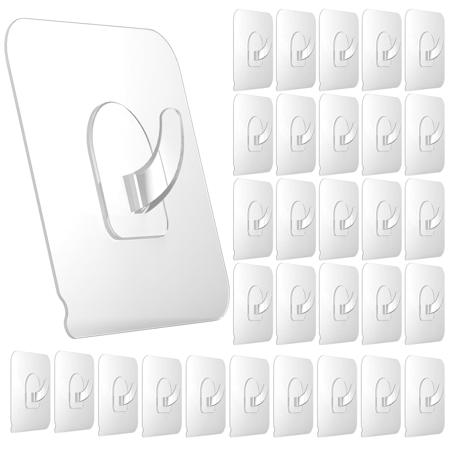 Ninth Five 30 Pack Adhesive Hooks for Hanging, 33lb Heavy Duty Wall Hooks, Clear Plastic Sticky Utility Hook for Home Kitchen Bathroom Office Use