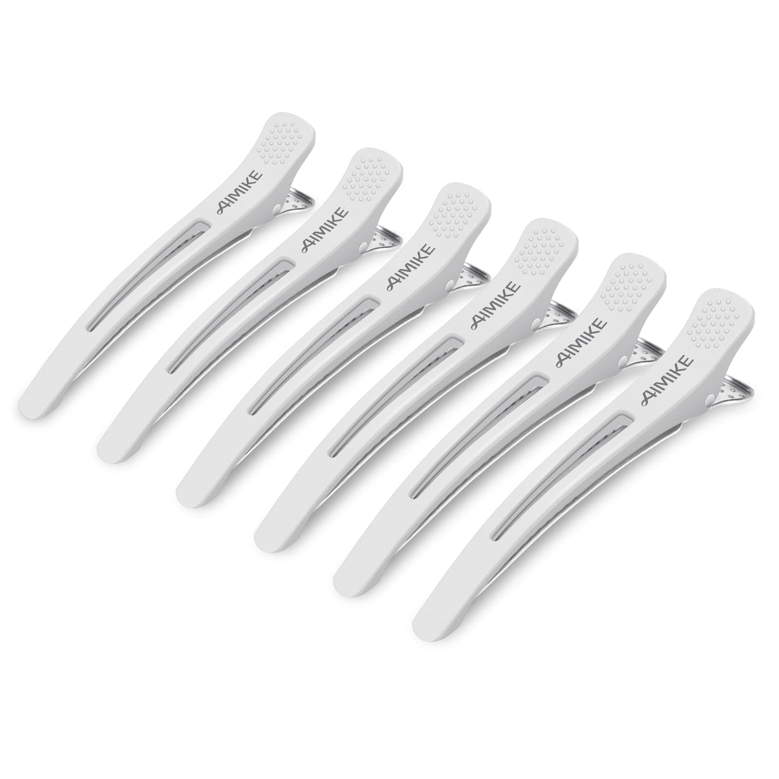 AIMIKE 6pcs Professional Hair Clips for Styling Sectioning, Non Slip No-Trace Duck Billed Hair Clips with Silicone Band, Salon and Home Hair Cutting Clips for Hairdresser, Women, Men - White 4.3” Long