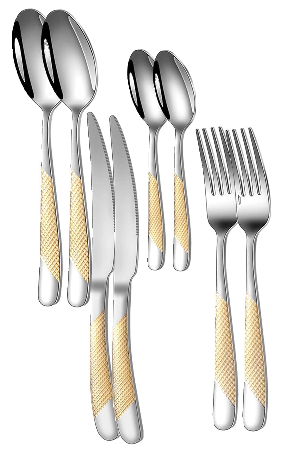 Mirror Finish Gold Plated Stainless Steel Flatware Set Copper Silverware Set Rose Gold Spoon Color Cutlery Set [Dinner Fork-Tea Spoon-Salad Spoon-Knife] Set of (Golden DOT, 8)