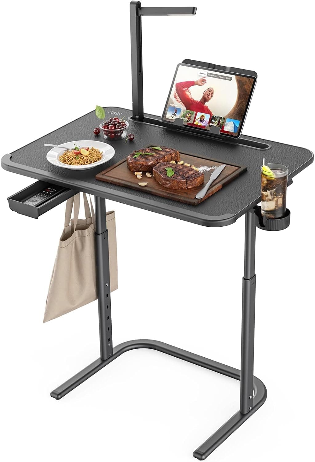 SAIJI Tv Tray Table - Heavy Duty Extra Large, Table Mate with LED lamp, Dinner Trays for Adult & Kids, Height & Tilt Adjustable, Bedside Black Leather Top Laptop Desk for Work, Study, Writing | Black