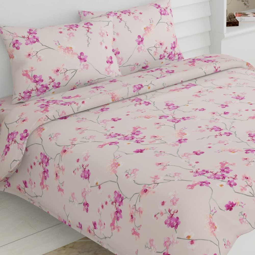 haus & kinder Double Size Bedsheets for Bed, 186 TC, 100% Cotton Bed Sheet for Queen Size Bed with 2 Pillow Covers, Bedsheet with Serene Floral Art Design