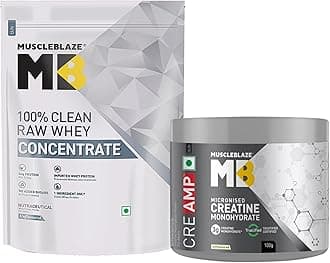 MuscleBlaze 100% Clean Raw Whey Protein Concentrate Powder (Unflavoured, 1kg) & Creatine Monohydrate CreAMP with CreAbsorb, Unflavoured, 100g / 0.22lb (Combo Pack)