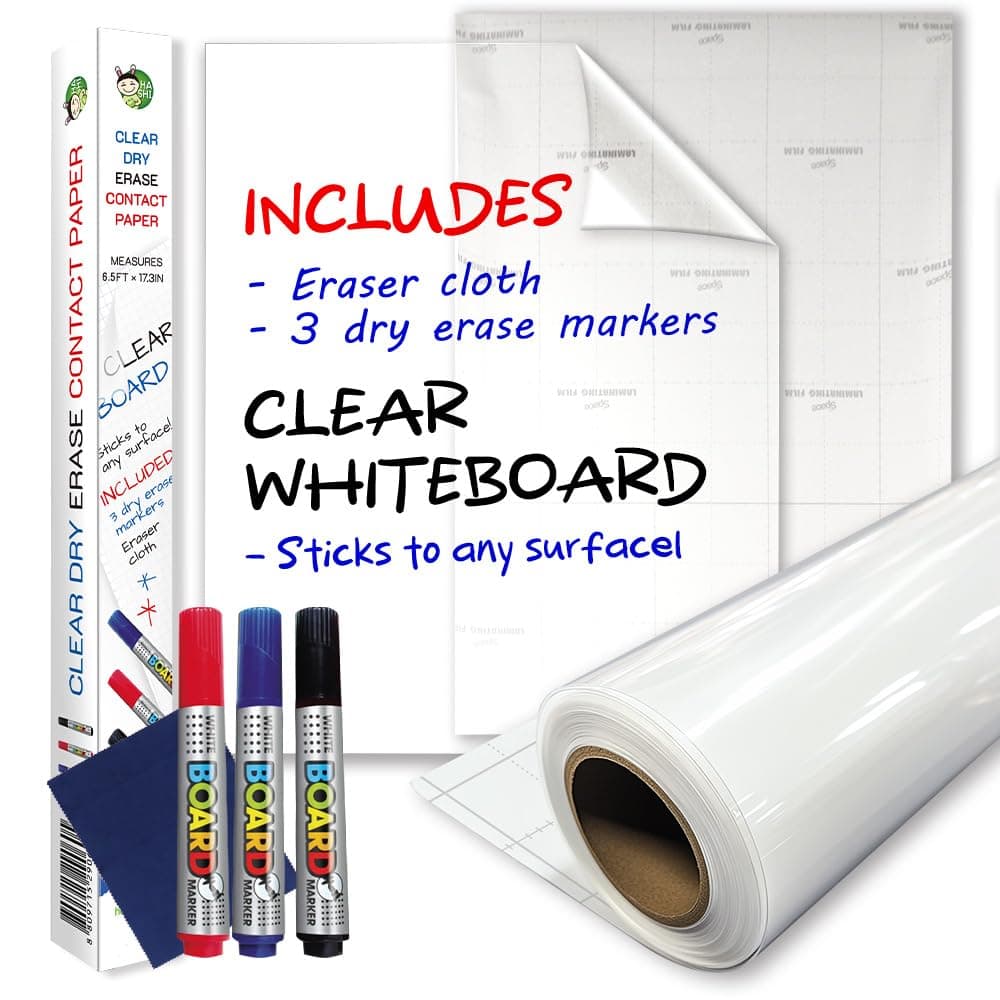 Clear Adhesive Sheets Roll on Wall 18 x 78Inch (6.5 Ft), Includes 3 Dry Erase Markers, Bulletin Board Paper, Clear Adhesive Vinyl Sheets, Transparent Contact Paper, Peel and Stick Film by HA SHI