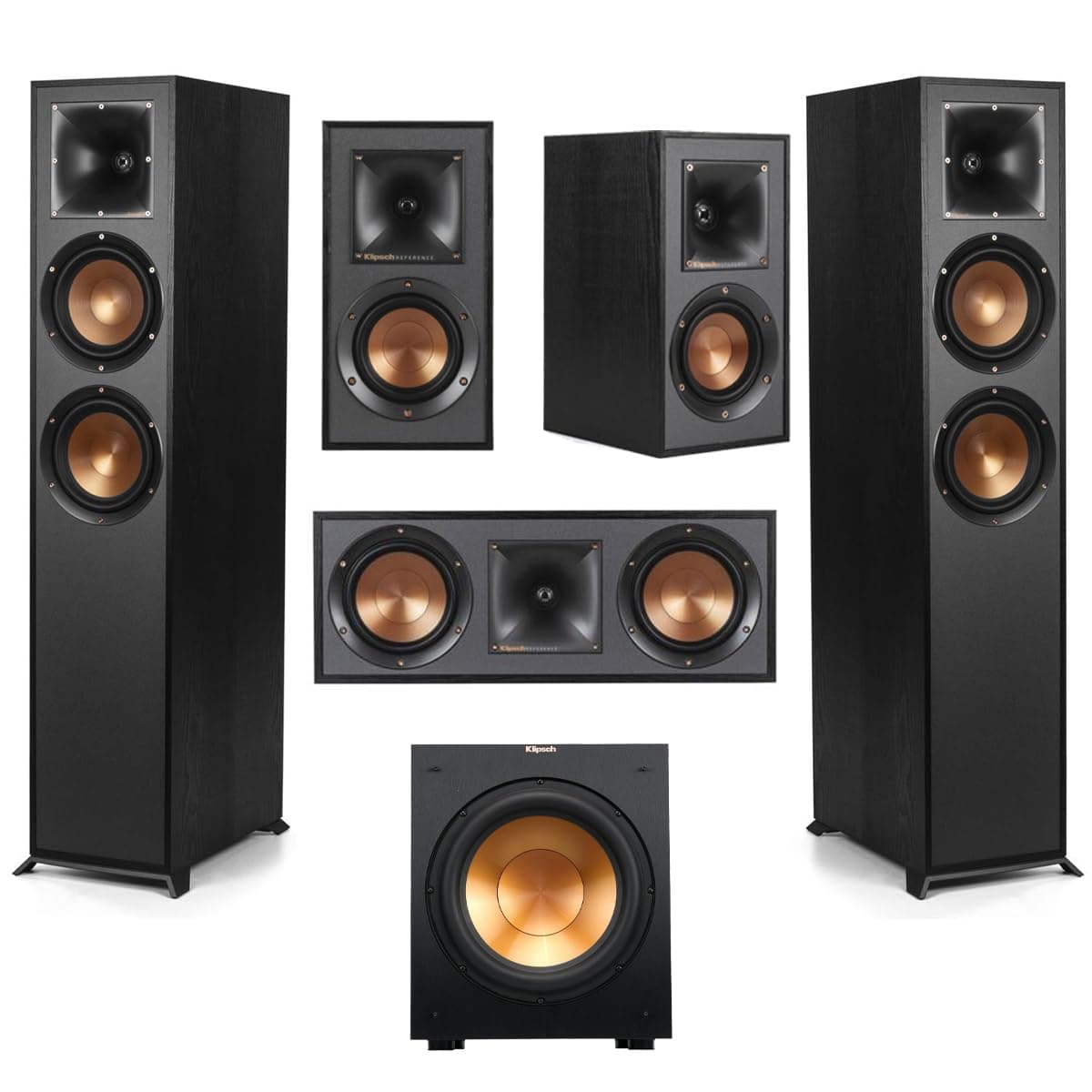 Klipsch Reference 5.1 Home Theater Pack with 2X R-620F Floorstanding Speaker, 12SW Subwoofer, 52C Center Channel and -41M Bookshelf, Black