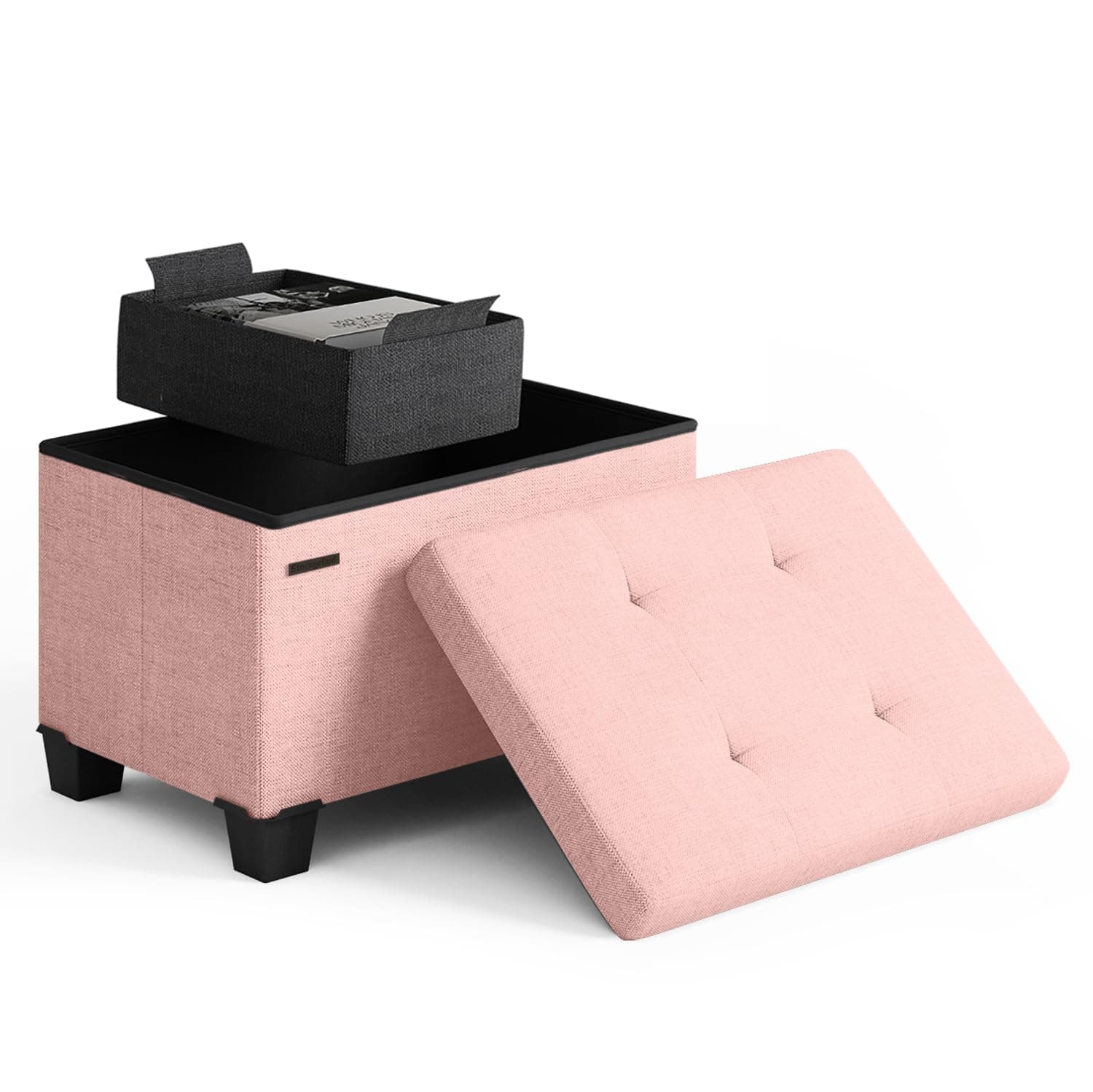 Storage Ottoman Cube with Small Bin, 16-in Square Ottoman with Storage for Living Room and Bedroom, Small Ottomans Foot Rest, Fabric Foot Stools Ottomans Max 330lbs, Pink