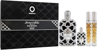 Orientica Oud Saffron 4 Pc Gift Set Eau De Parfum - Oriental, Vanilla, Saffron, Woody, Patchouli, Musk, Agar Wood - Arabic Perfume for Men & Women - (2.7oz, 2x10ml spray & 7.5ml splash)