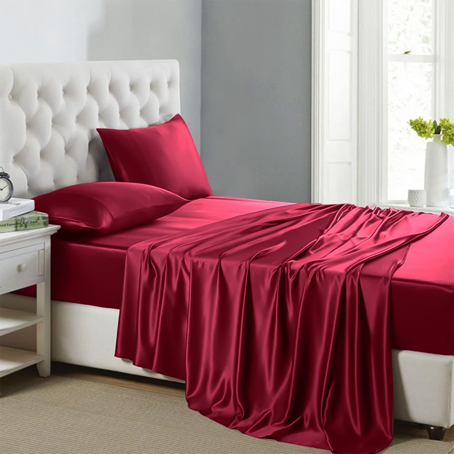 Lanest Housing Silk Satin Sheets, Full Size Satin Bed Sheet Set with Deep Pockets, Cooling Soft and Hypoallergenic Satin Sheets Full - Scarlet Red