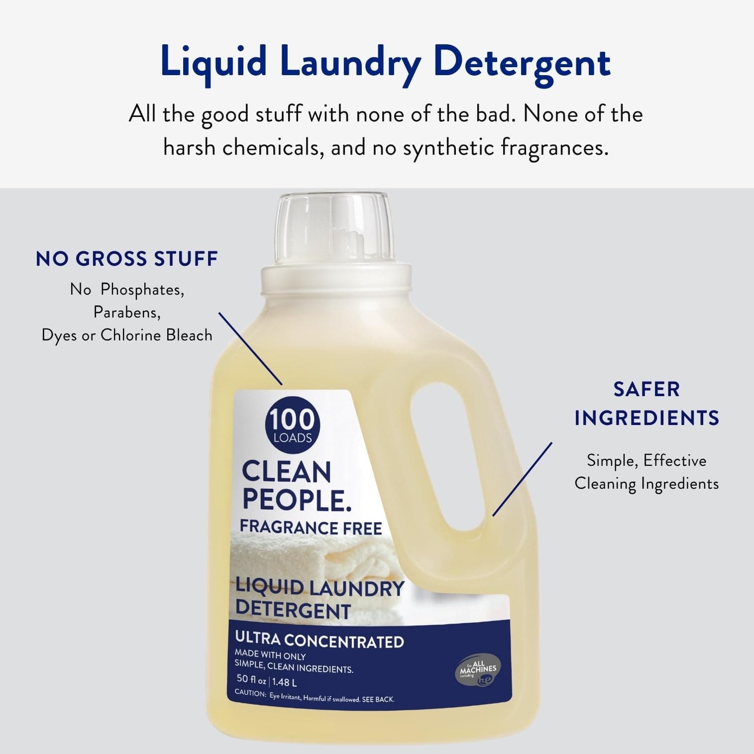 The Clean People Liquid Laundry Detergent - Recyclable Packaging, Stain Fighting - Ultra Concentrated, Laundry Soap - Fragrance Free, 50 fl oz (2 Pack)