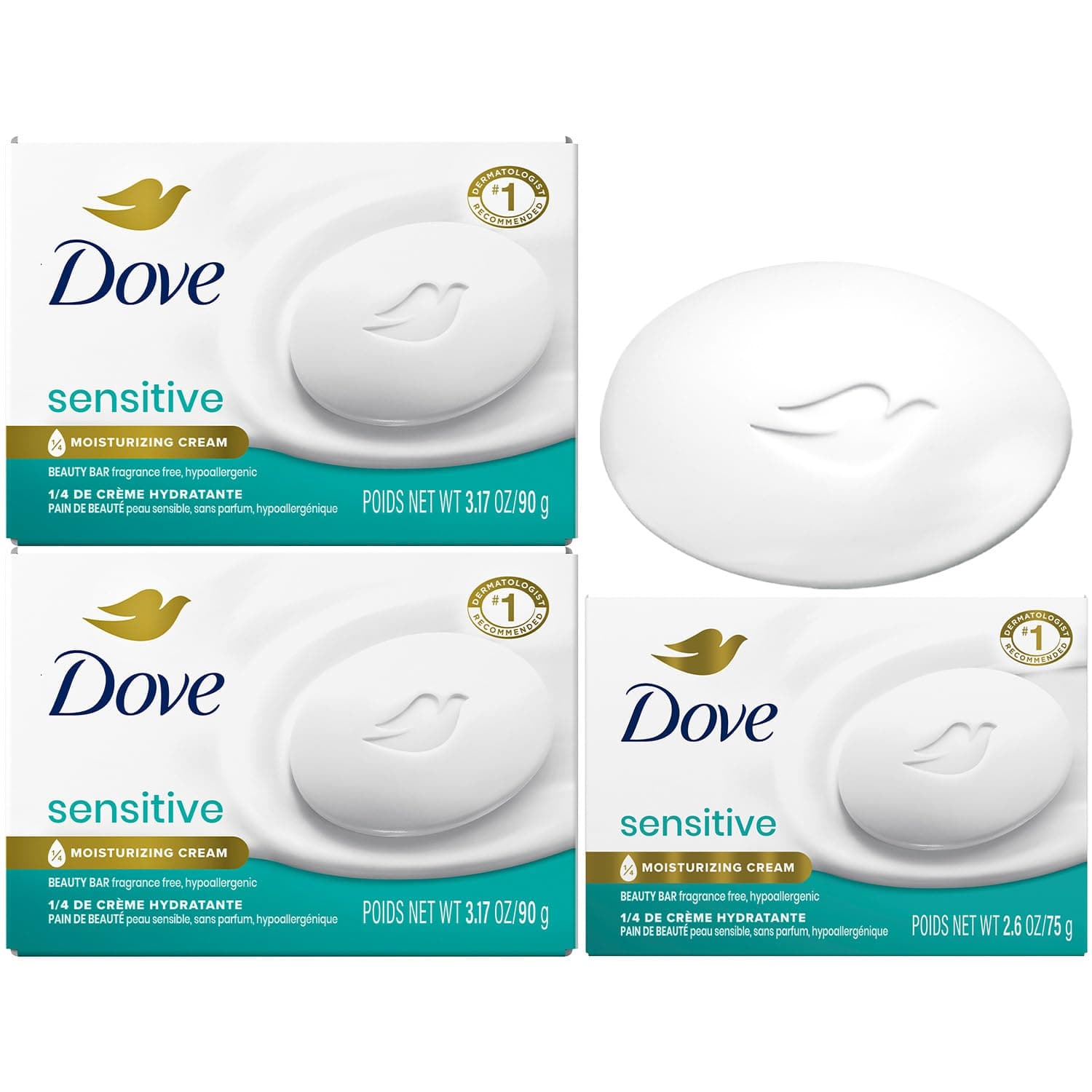 Beauty Bar Soap, Sensitive Skin 2-Size Variety 3-Pack with Moisturizing Cream for Soft, Smooth Skin, Hypoallergenic, Fragrance-Free