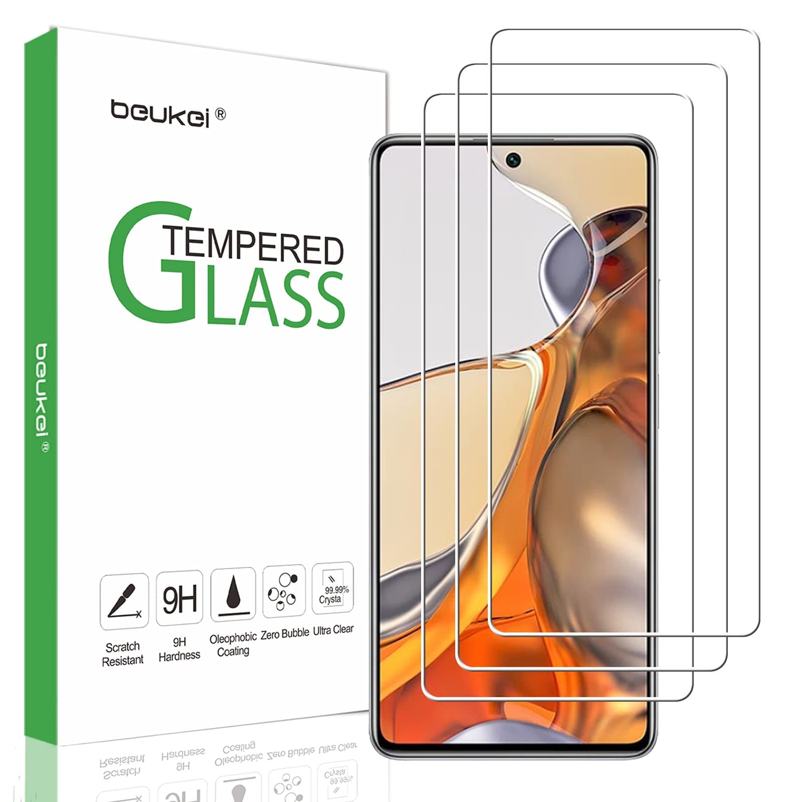 beukei (3 Pack) Compatible for Xiaomi Mi 11T Pro/Xiaomi Mi 11T Screen Protector Tempered Glass, Touch Sensitive,Case Friendly, 9H Hardness