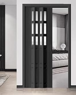 Concertina Door PVC & Acrylic Internal Foldable Gate - Custom Size, Accordion Door for Cupboard/Kitchen, Hallway Pantry Doorway Sliding Door with Handle(Black,44x80in(111x203cm))