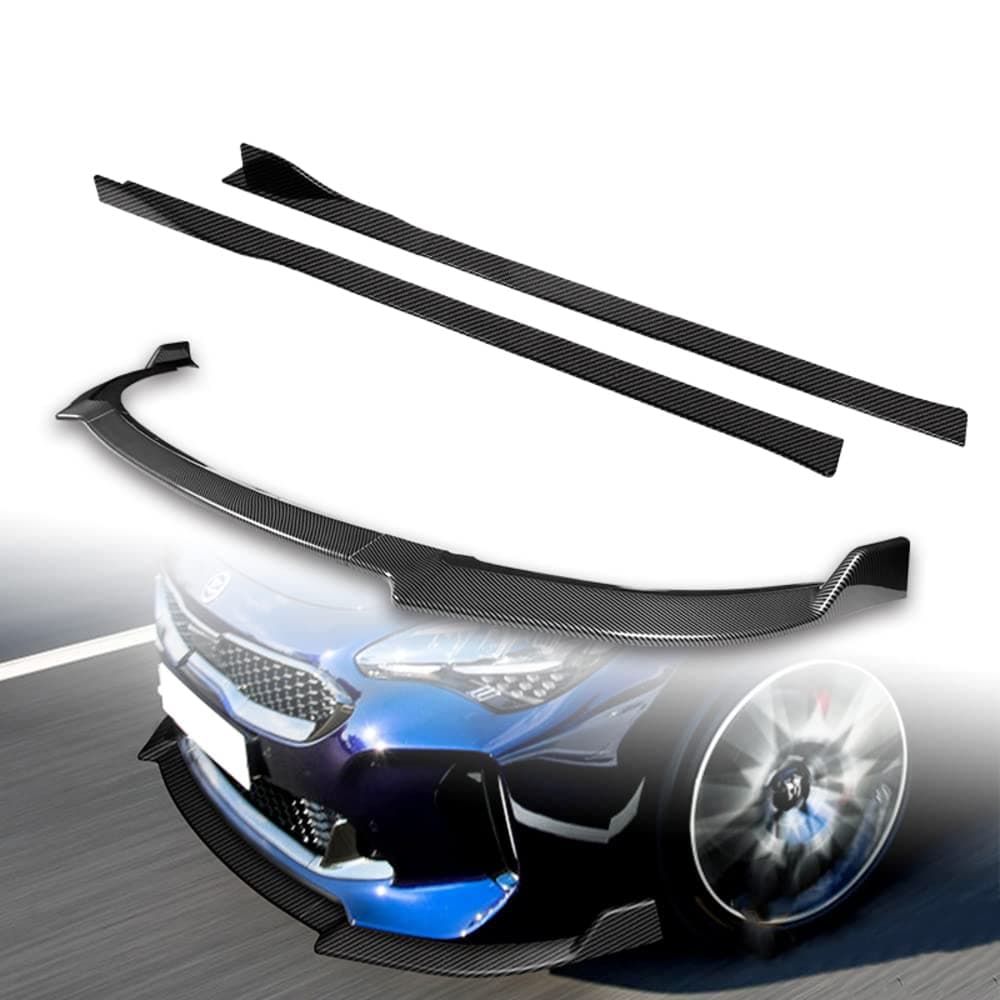 Q1-TECH, 9-Piece Front Bumper Lip & Side Skirt Extensions Diffuser Fit for 2018 2019 2020 2021 2022 2023 Kia Stinger (GT-Line), Front Bumper Lip Spoiler Air Chin Body Splitter ABS (Painted Carbon)