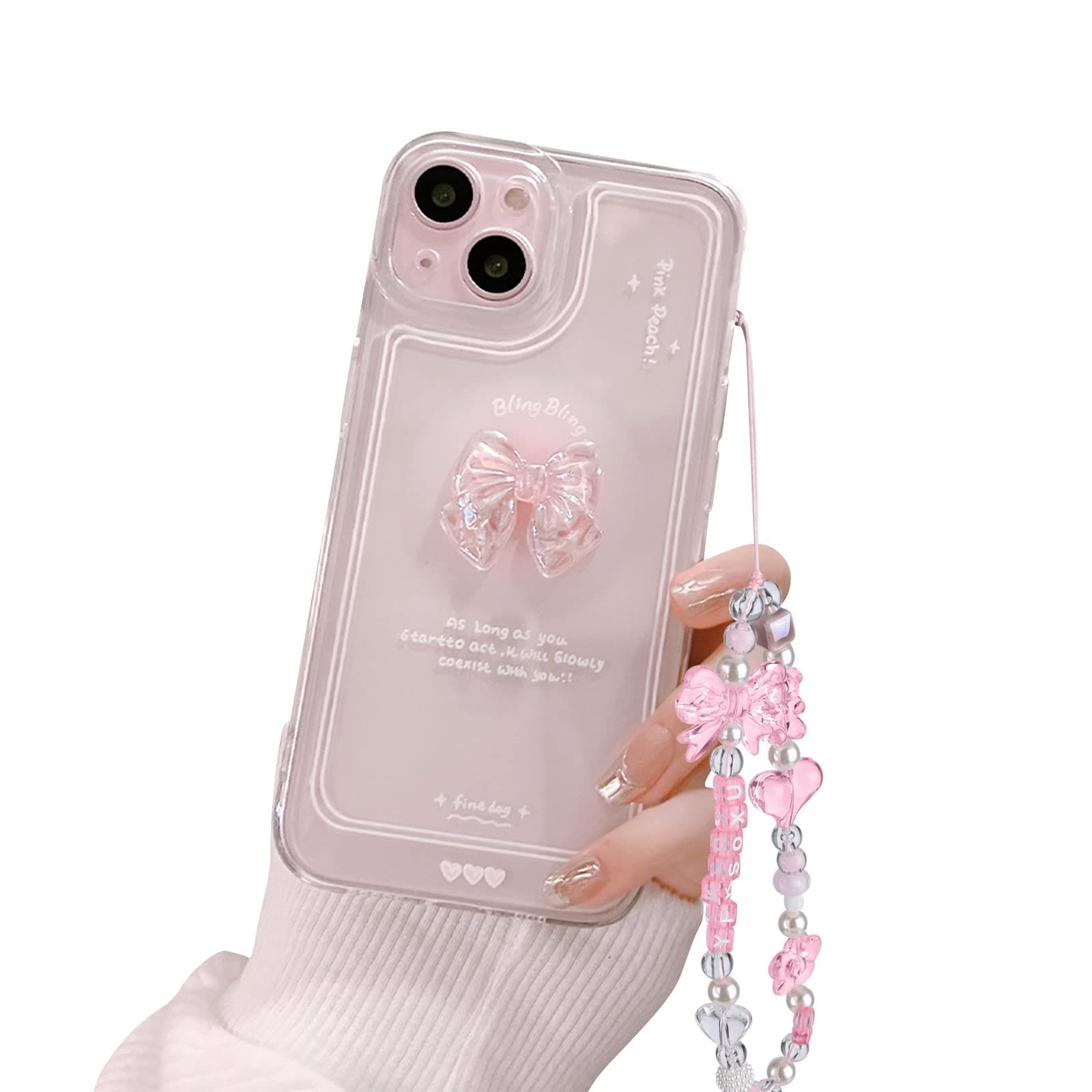 Compatible with iPhone 13 Mini Case, Cute 3D Pink Bowknot Slim Clear Aesthetic Design Women Girls Sparkly Protective Phone Cases for iPhone 13 Mini + Glitter Crystal Chain