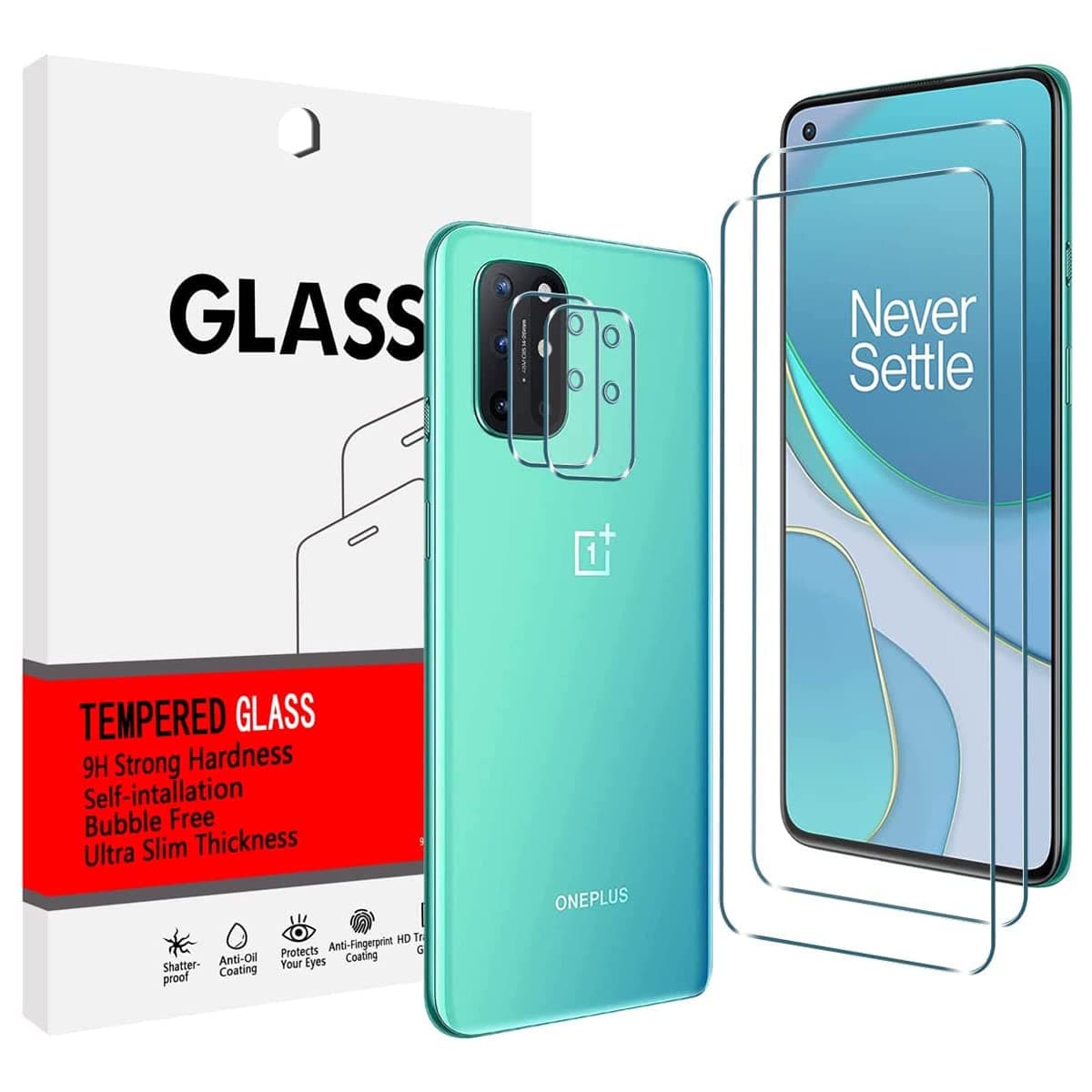 【2+2 Pack】 for Oneplus 8T 5G 【2pcs Screen Protector + 2pcs Camera Lens Protector】 Tempered Glass Film [0.3mm Thickness] [9H Hardness HD Clear] [Bubble Free] [Case Friendly] [Anti-Scratch]