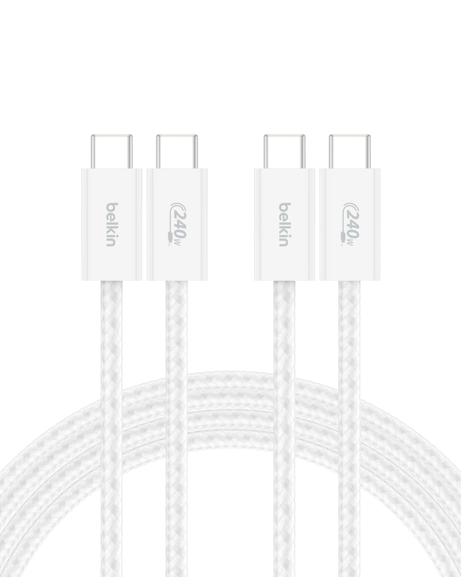 Belkin USB C to USB C Cable ​2-Pack, 6.6ft, 240W - Type C Charger, iPhone Charger Cord, Soft, Braided, Flexible for iPhone 17, Galaxy S25, Pixel 10, MacBook, Chromebook, iPad Pro, Switch – White​