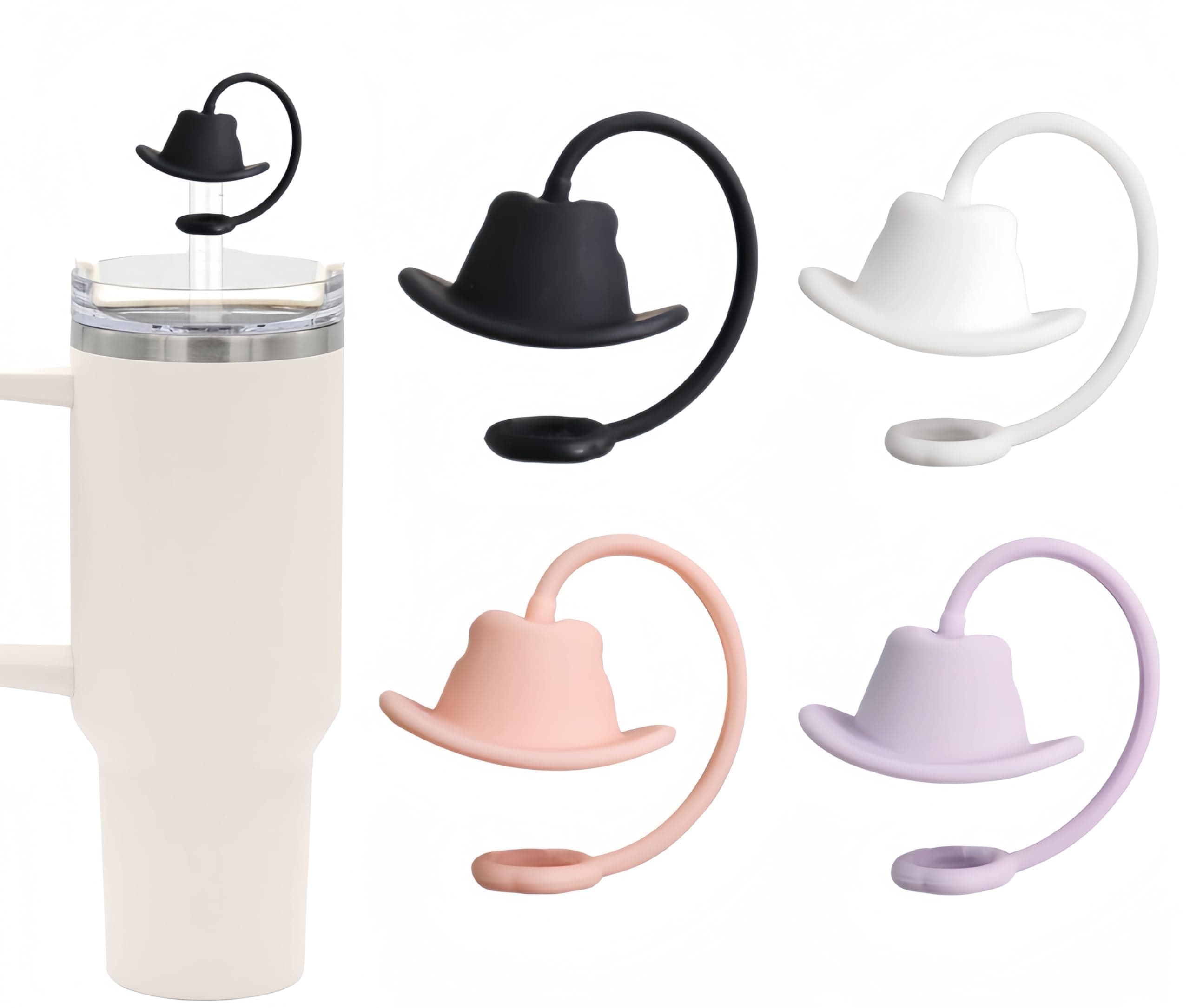 4Pcs Silicone Cowboy Hat Straw Covers Cap Compatible with Stanley Cup 30 40 oz, Cute Funny Tumbler Straw Topper Accessories for Man & Woman Gift