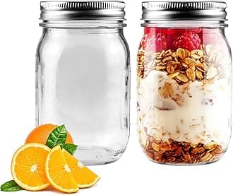 Showvigor 2 Pack Regular Mouth Mason Jars 16oz Glass Canning Jars with Airtight Lids for Preserving, Jam, Honey, Jelly, Wedding Favors, Sauces, Meal Prep, Overnight Oats, Salad