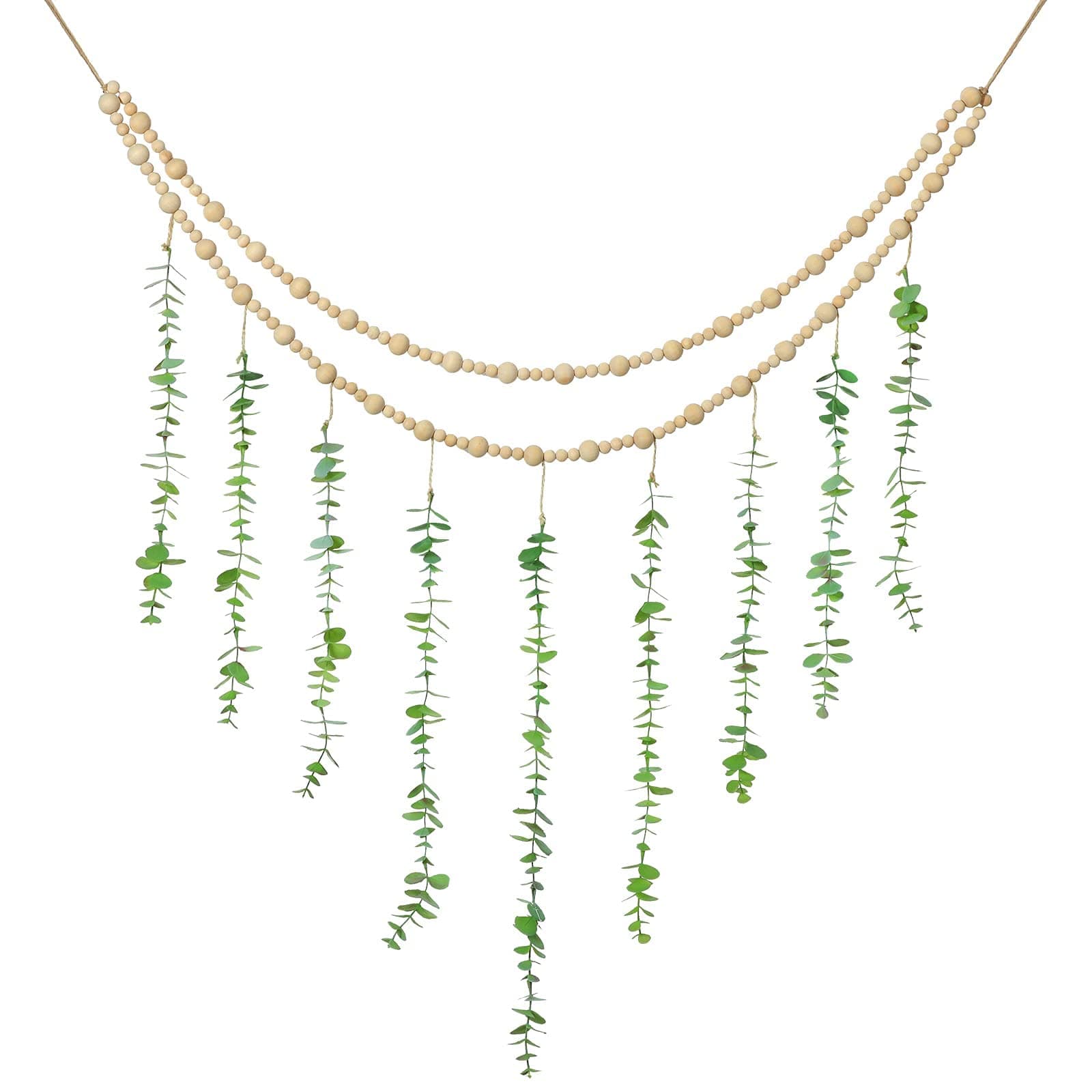 Wall Hanging Decor, Eucalyptus Boho Decor Bedroom Wall Hanging Wooden Bead Garland Artificial Eucalyptus Natural Greenery Decoration for Guest Bedroom Modern Bathroom Living Room