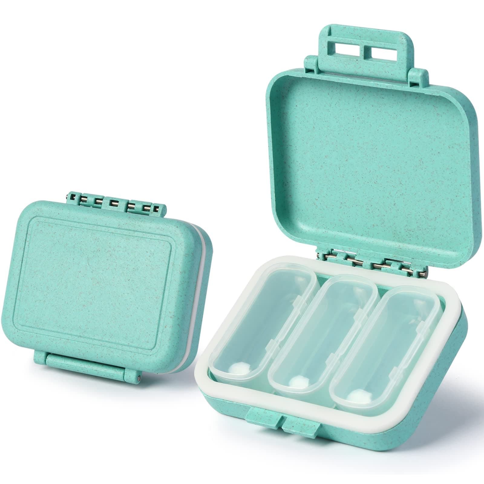 2 Pack 3 Compartments Travel Pill Organizer, Removable Pill Case AM PM Small Pill Box for Purse, Fish Oil Vitamin Dispenser Container Daily Portable Pill Case (Blue)