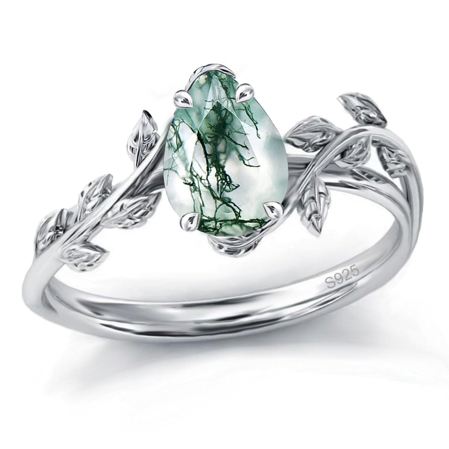 Natural Moss Agate Ring 925 Sterling Silver Opal Birthstone Ring 925 Sterling Silver Leaf Promise Ring for Her Birthday Anniversary Jewelry for Women
