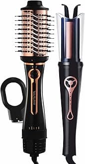 - 3-in-1 Hot Air Brush & MakeMeBold Automatic Hair Curler Combo | Hair Dryer, Straightener, Volumizer & Curler | 1200 Watts, Dual Voltage, Anti-Scald, Ceramic Coating, Black and Rose Gold