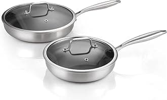 DELARLO Tri-Ply Stainless Steel 10" 12" Frying Pan Set With Lid, Oven safe induction Hybrid skillet,Suitable for All Stove (Detachable Handle)