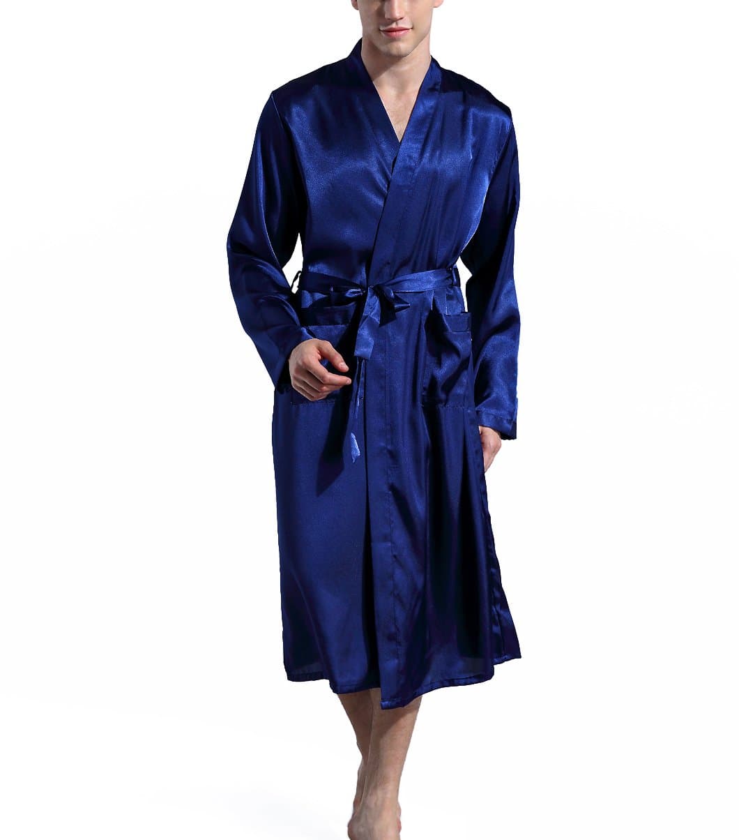 Mobarta Men's Satin Kimono Robe Long Bathrobe Silk Spa Bathrobes Blue