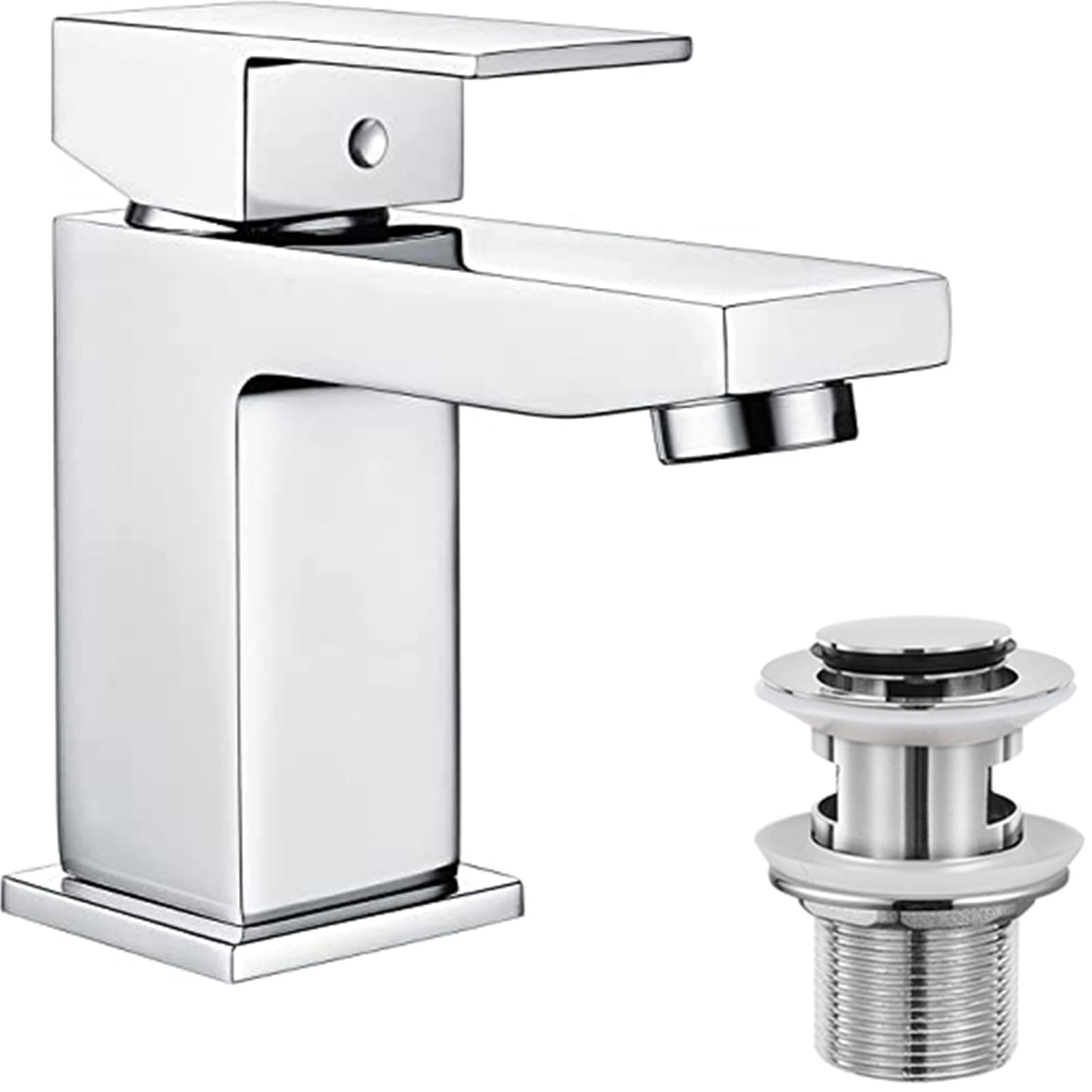 Basin Taps Square with Pop up Waste Bathroom Sink Mixer Taps with UK Standard Hoses, Single Lever Hot and Cold Basin Mixer Tap for Bathrooms