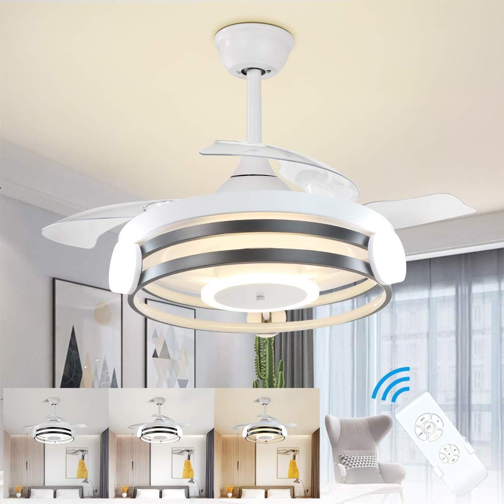 DLLT 35 Inch Retractable Ceiling Fan with Lights Remote Control, 30W LED Bladeless Modern Ceiling Fan for Kitchen, Bedroom, Living Room, Quiet Motor Fan, 3 Color Changeable, Timing, 3 Speed, FCC
