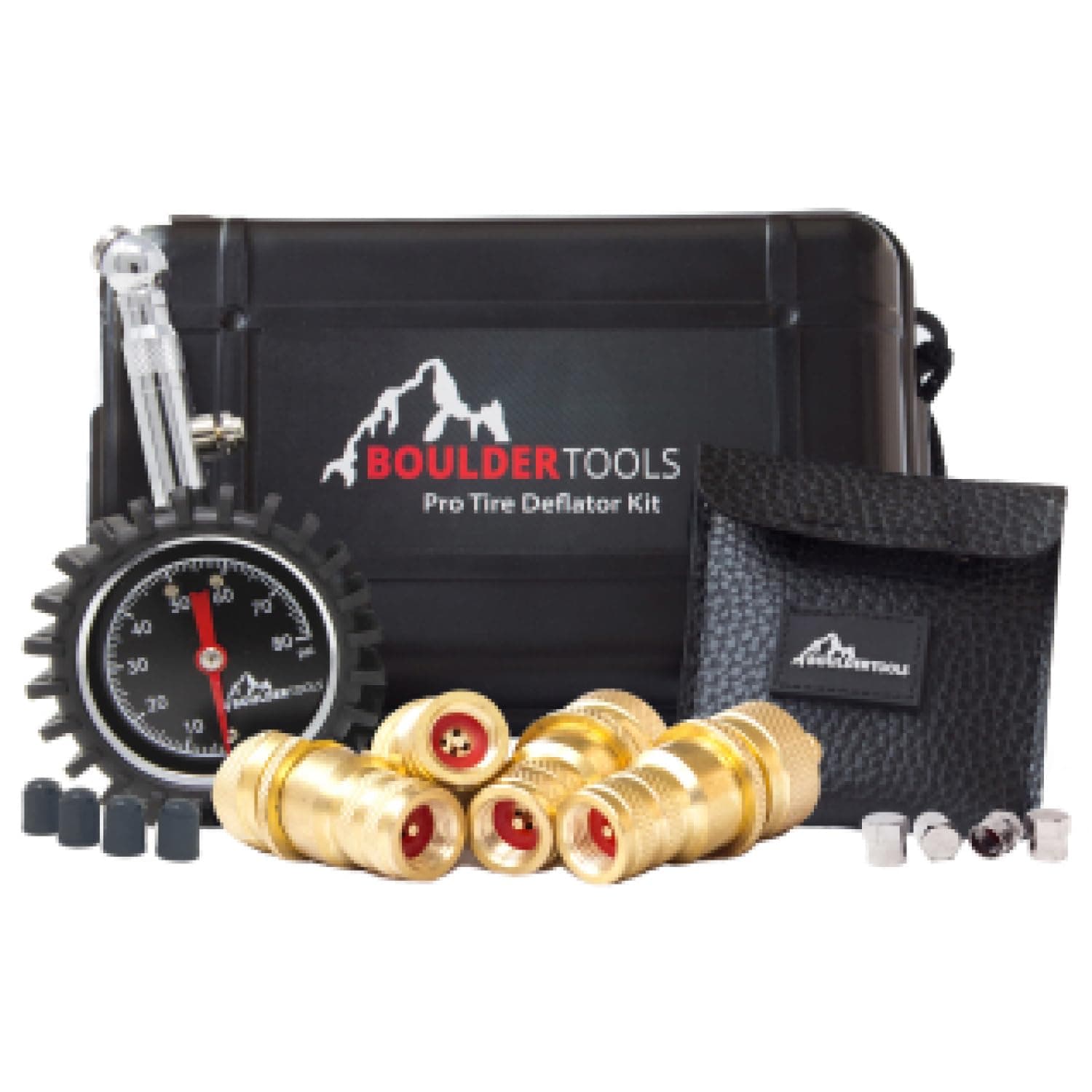 Boulder Tools Heavy Duty Rapid Tire Deflator & Molle Pouch - Precision Release Button Air Down Offroad Kit - Glows in Dark, Bonus: Valve Caps, Cores, Repair Tool | Quickly Deflate 4x4 Off Road Tires