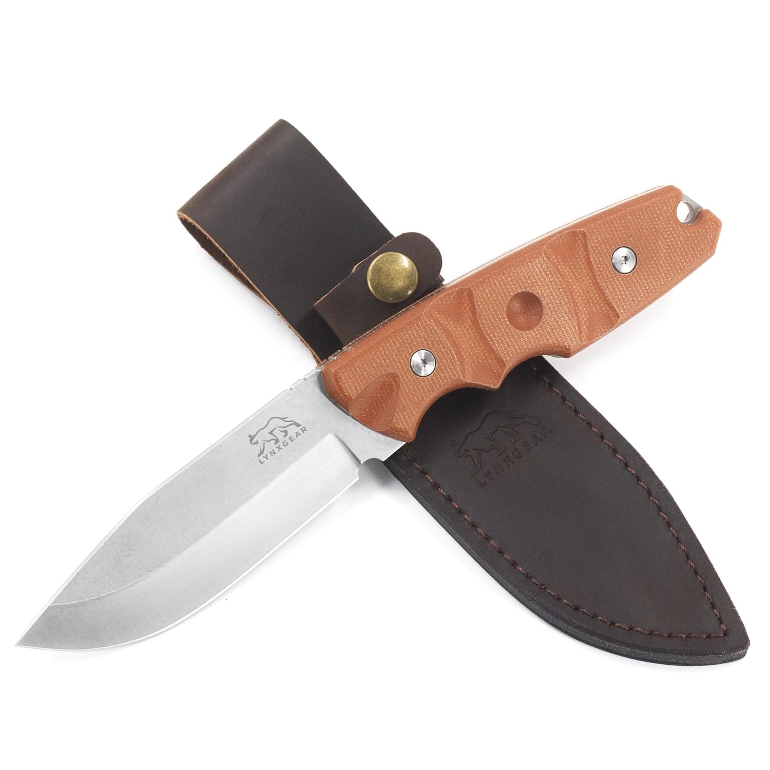 LYNXGEAR Fixed Blade Knife with Sheath, 4.5" D2 Blade Hunting Knife with Brown Micarta Handle, Perfect EDC Survival Bushcraft Beltknife for Men Women