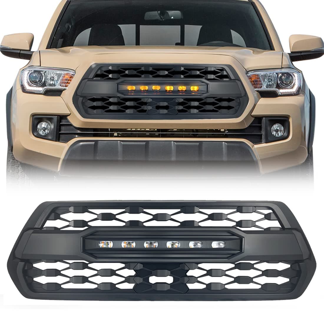 MEGAIE TRD Pro Style Grille Compatible with Tacoma 2016 2017 2018 2019 2020 2021, Matte Black Front Grill with LED Off-Road Lights, Not for Trucks w/Radar Behind Emblem