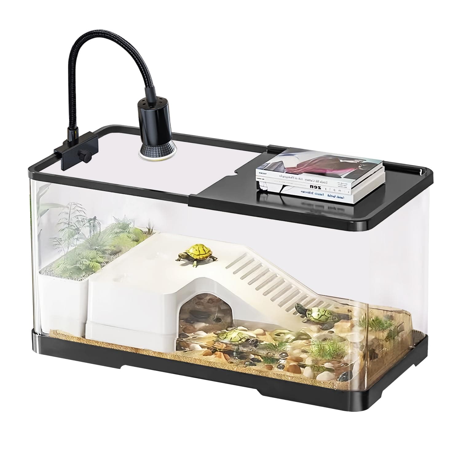 (Tank + Light + Filter + Filter Balls) Turtle Tank Kit, Turtle Tank Starter Kit,Bottom Drainage, Multi-Function Areas for Turtles, Crabs,Fishes, Amphibians,Reptiles.(15.75 x 8.64 x 8.64 Inch)