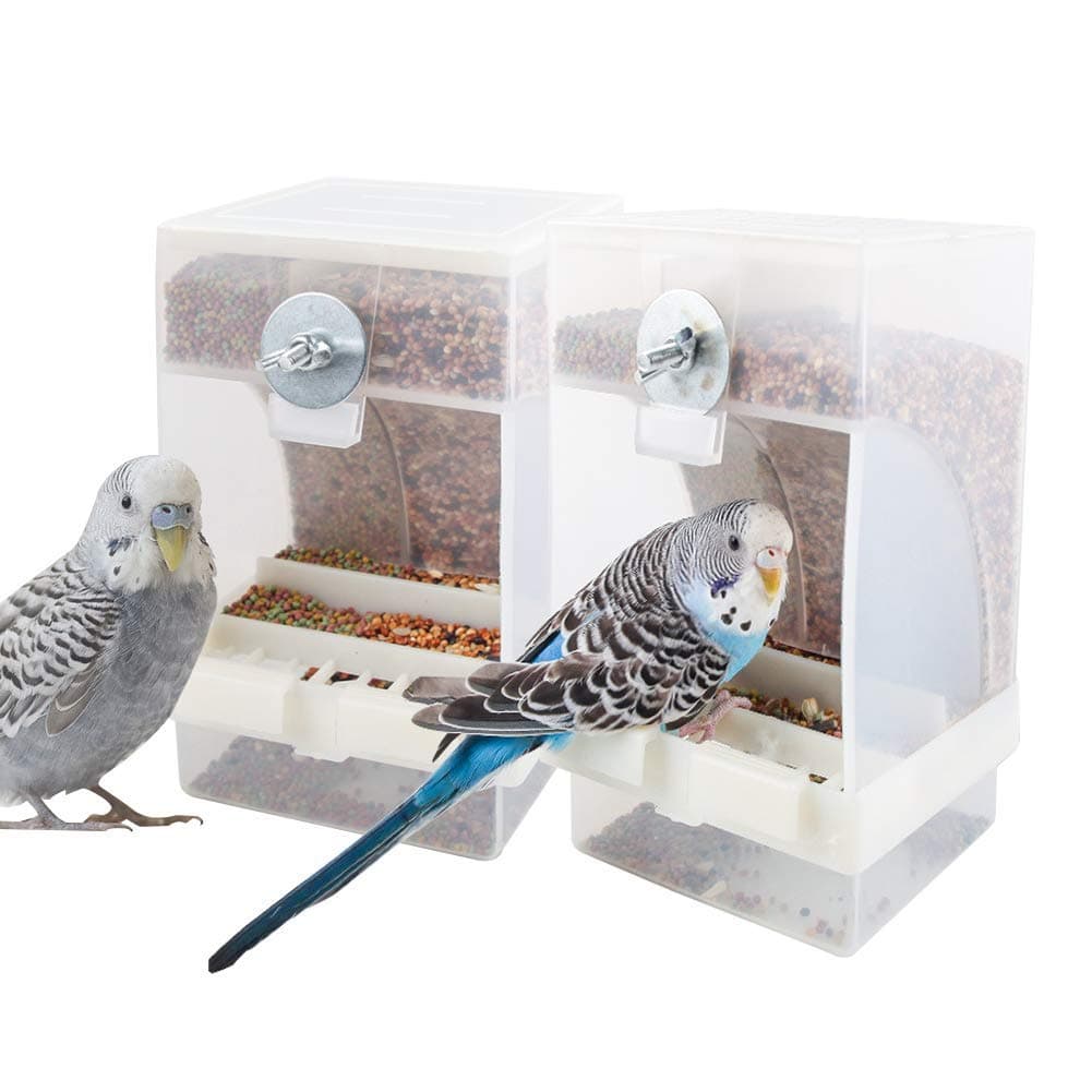 PINVNBY 2 PCS No Mess Bird Feeder, Automatic Bird Feeder for Cage, Seed Food Container Cage Accessories for Parrot Budgerigar Canary Cockatiel Finch Parakeet Green Cheek Conures Parrotlets Lovebirds