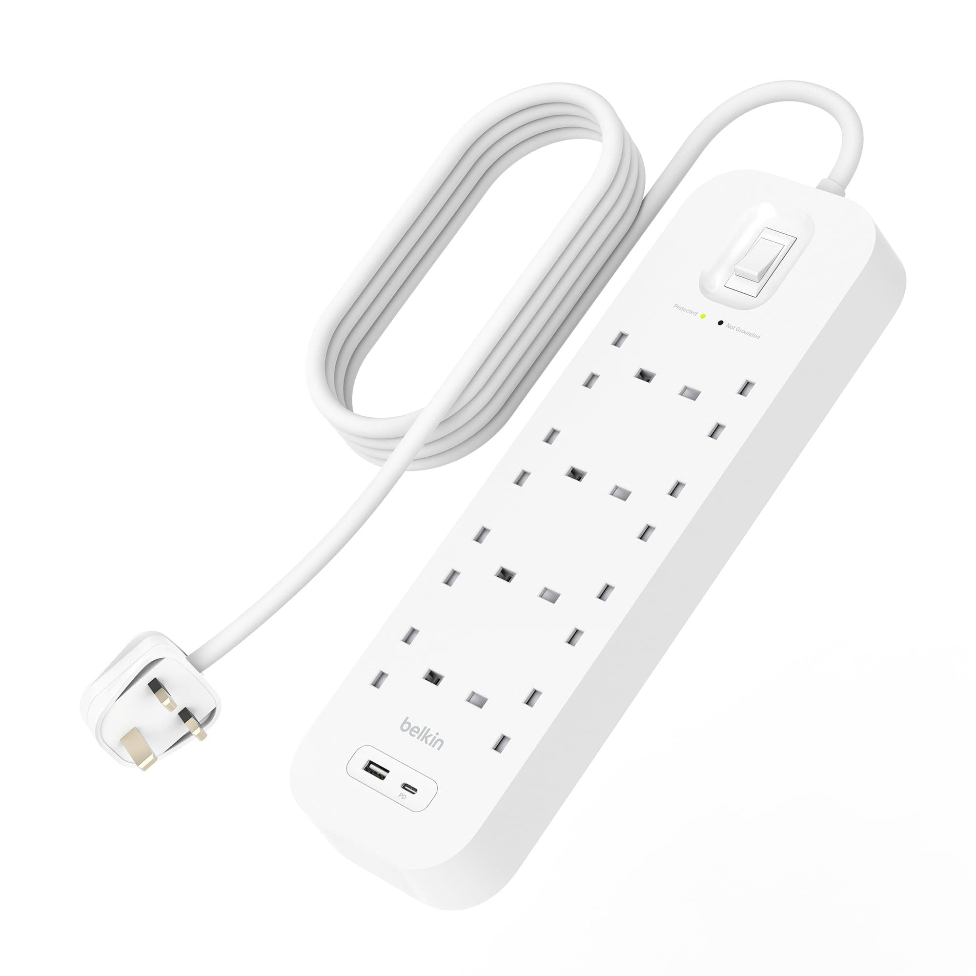 8-Outlet Surge Protector Power Strip, Wall-Mountable with 8 AC Outlets, 2M Power Cord, & Green Indicator Light - USB-C Port & USB-A Port w/USB-C PD Fast Charging - 900 Joules of Protection