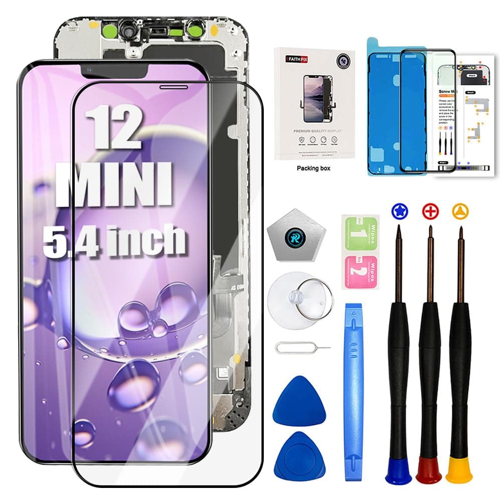 EFAITHFIX for iPhone 12 Mini Screen Replacement 5.4 Inch LCD Screen 3D Touch Display Full HD Digitizer Frame Assembly (A2176,A2398,A2399,A2400) with Repair Tools Screen Protector Waterproof Adhesive