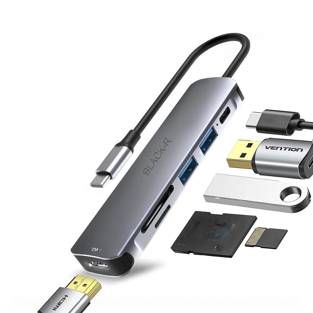 - Black-R Amazon Black-R USB-C Hub 6-in-1 Aluminium Type-C Adapter with 4K HDMI Port, 2X USB 3.0 Port, USB-C Power Delivery, TF/SD Card Reader, Mac & Windows USB-C Devices