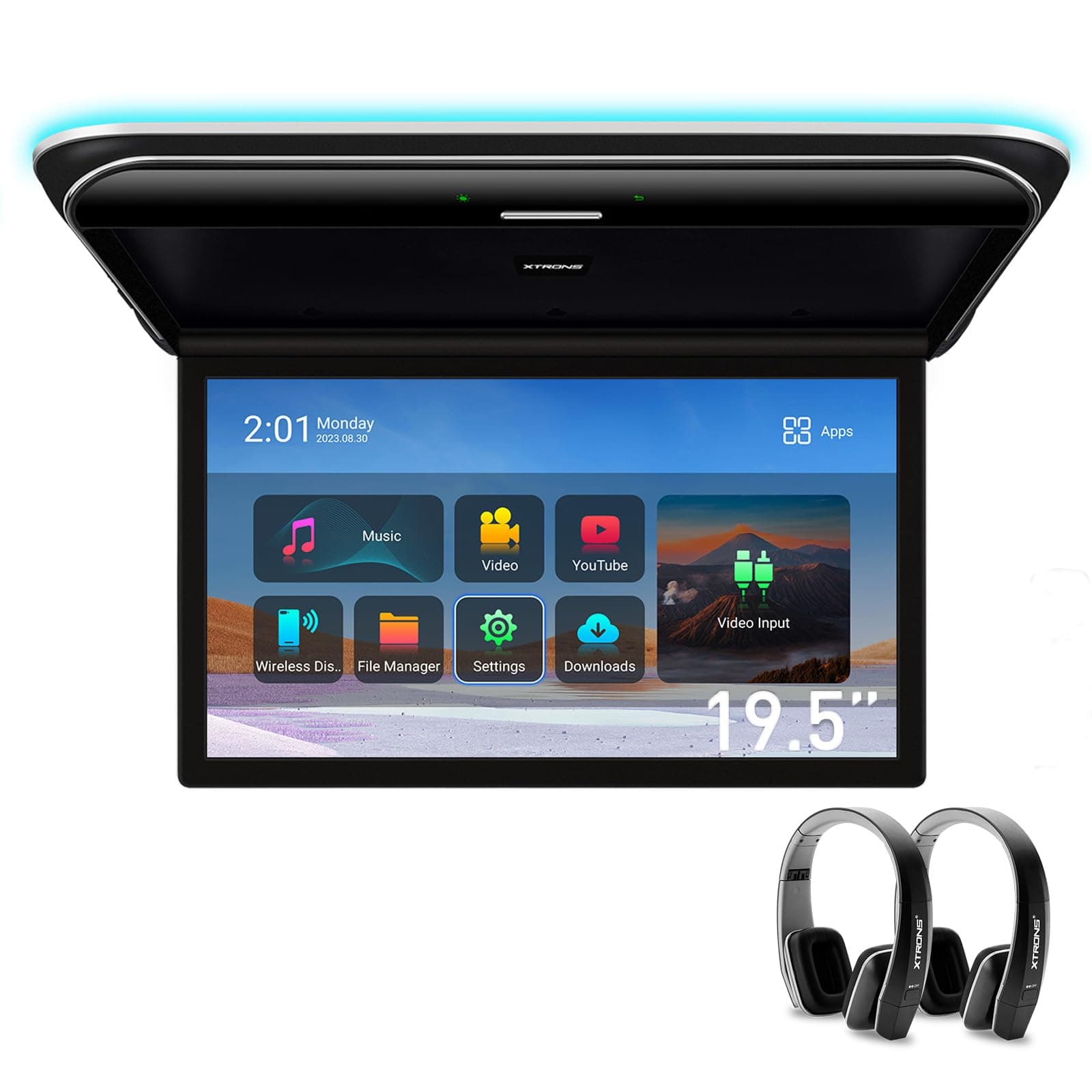 XTRONS Android Car Overhead Player 19.5 Inch Wide IPS Screen 8K Video Car Roof Mount Monitor Built-in Stereo Speakers Flip Down Overhead Car Monitor Support HDMI, USB, 2 Black IR Headphones Included