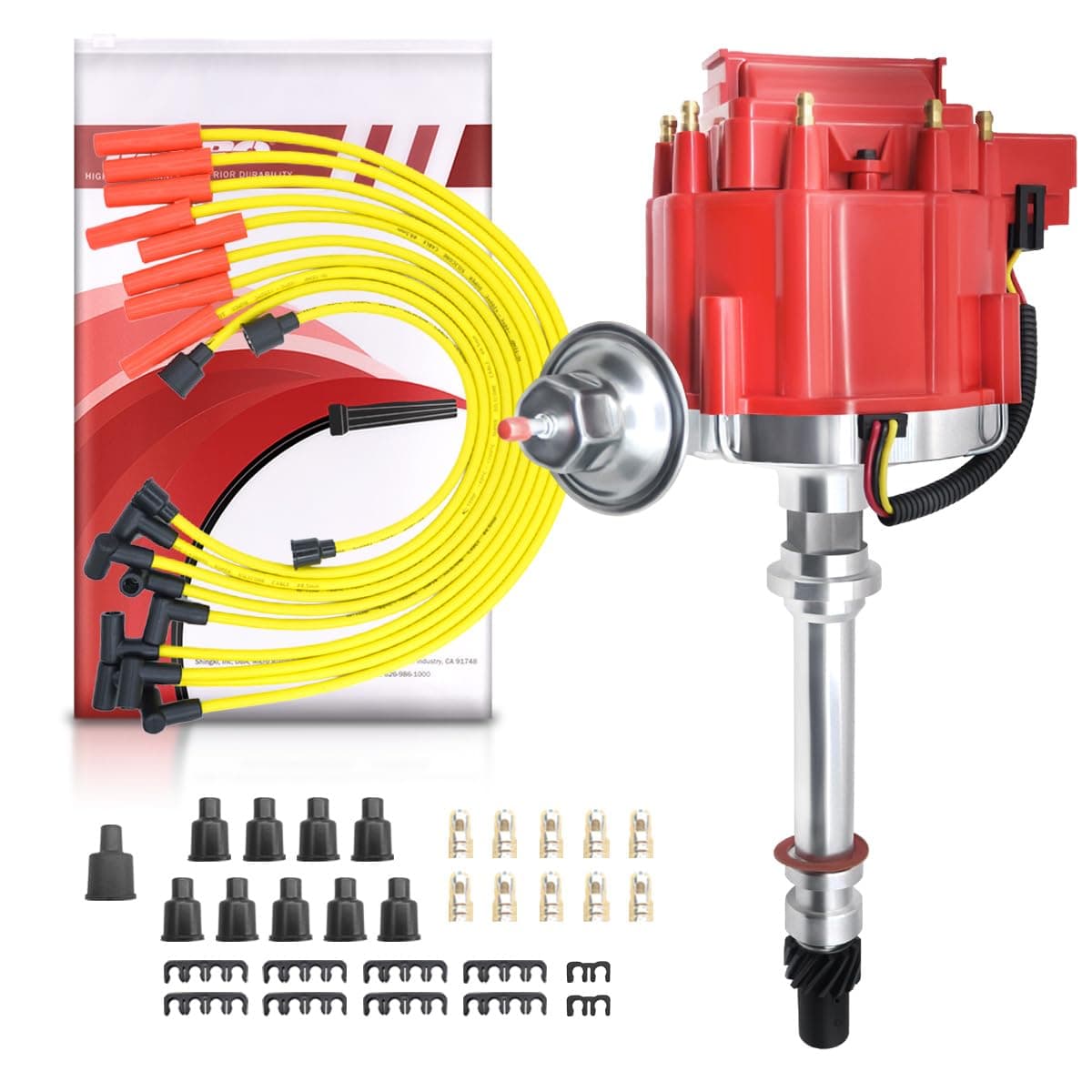 MAS Performance HEI Distributor & Wiring set 65K Coil Compatible with Chevy 305-454 Chevrolet C10 GMC SBC BBC 350-400 5.0L 5.7L 6.6L 7.4L (Red Cap Color)