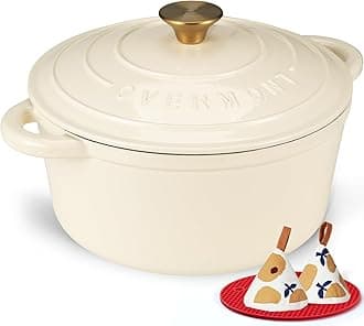 Overmont 5L Enamelled Cast Iron Round Casserole Pot With Lid Cookbook & Cotton Potholders - Non-stick Dutch Oven Cookware for Braising, Stews, Roasting, Bread Baking - White, 26cm