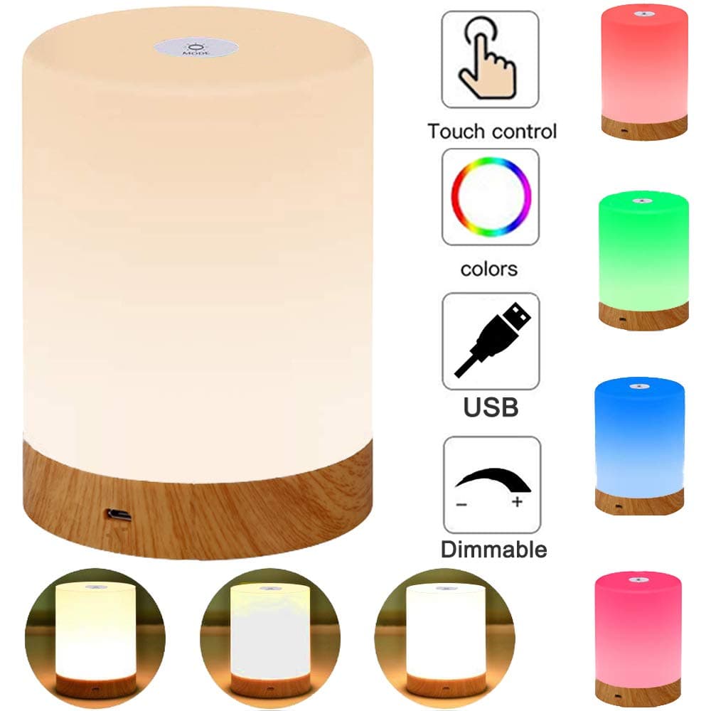 LED Night Light, Touch Control Bedside Table Lamp USB Rechargeable Smart Dimmable Warm White Light RGB Color Changing Table Light for Bedroom Party Camping Office(Wooden Lamp Holder)