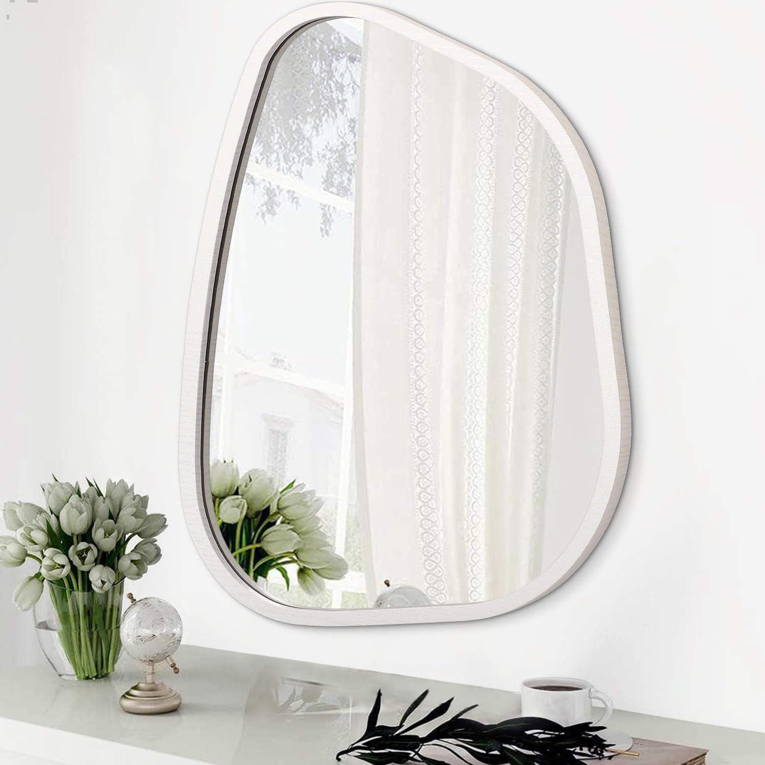 Asymmetrical Mirror Small 26"x18" Irregular Wall Mirror Modern Wood Frame Unique Shape Wall Mounted Vanity Artistic Mirror Decorative for Living Room Bedroom Bathroom Entryway Hallway