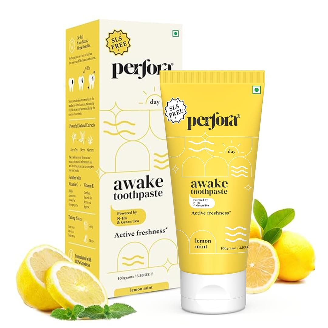 Perfora Awake Toothpaste | Active Freshness Cavity Prevention | Vitamin Enriched SLS & Fluoride Free Toothpastes | N-Ha For Teeth Remineralisation |Healthy Gums & Oral Care |Lemon Mint |Pack of 1,100g