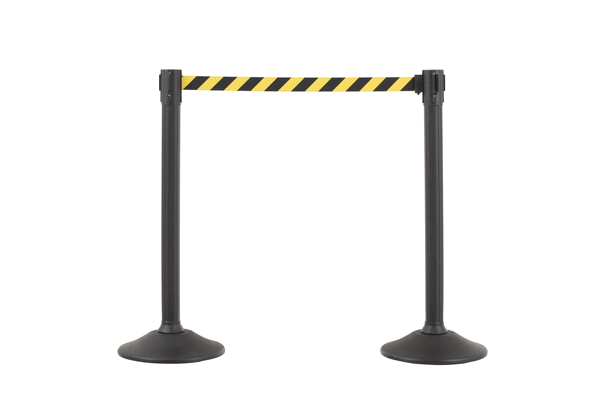 US Weight Black Plastic Stanchion for Crowd Control with 6.5' Retractable Chevron Barrier Belt with Tool-Free Assembly and UNIVERSAL BELT ENDS that Fit Most Brands - Pack of 2 - Made in the USA