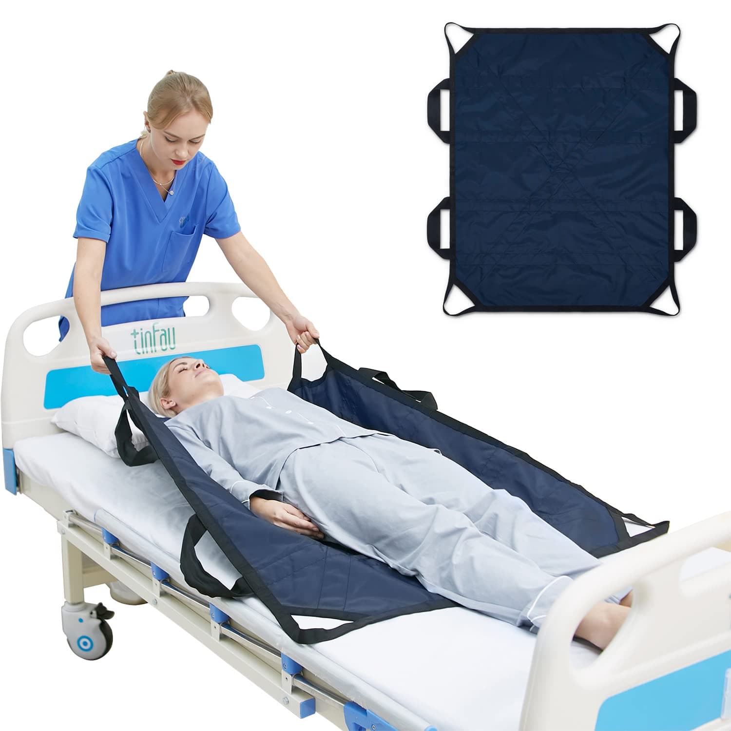Bed Positioning Pad with Reinforced Handles, 45" X 36" Multipurpose Waterproof Transfer Sheet for Turning, Lifting & Sliding, Reusable Washable Patient Positioning Sheet for Bedridden, Caregiver, Blue